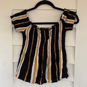 Kendall & Kylie Black, White & Mustard Striped Off-Shoulder Top